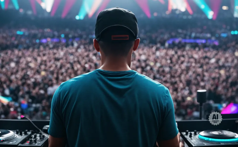 DJ in a cap and teal shirt performing for a large, blurred crowd at a concert with bright lights.