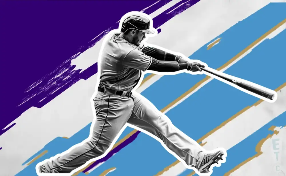 A baseball player swings a bat against a graphic background with purple and blue stripes.