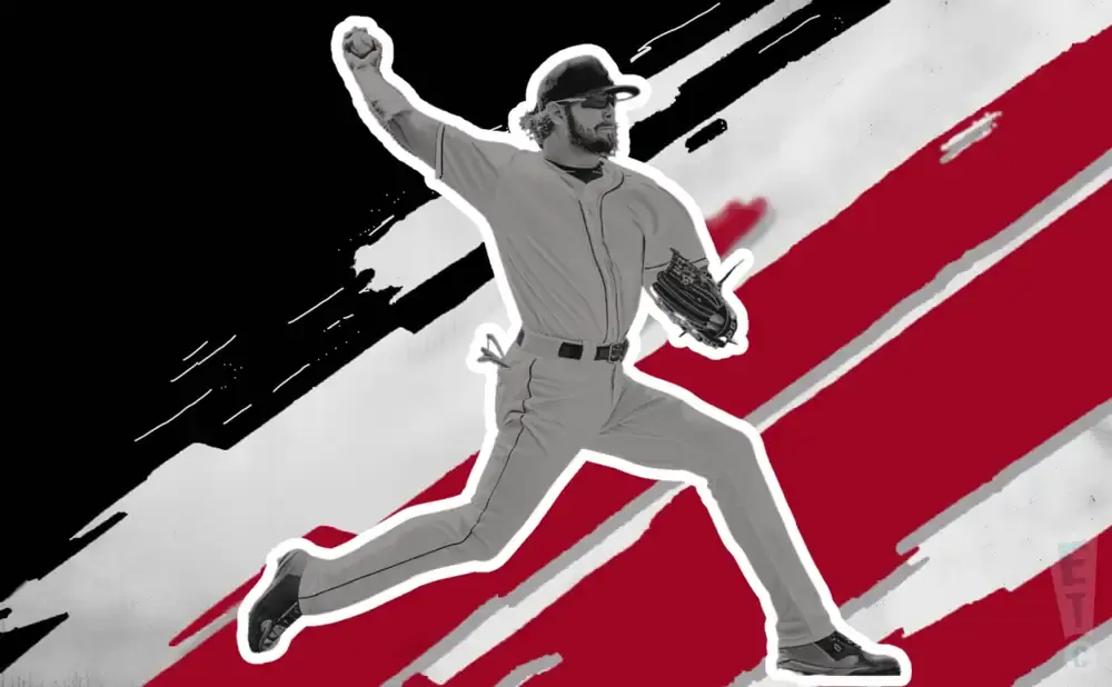 A baseball pitcher throws a pitch with motion lines against a black and red background.