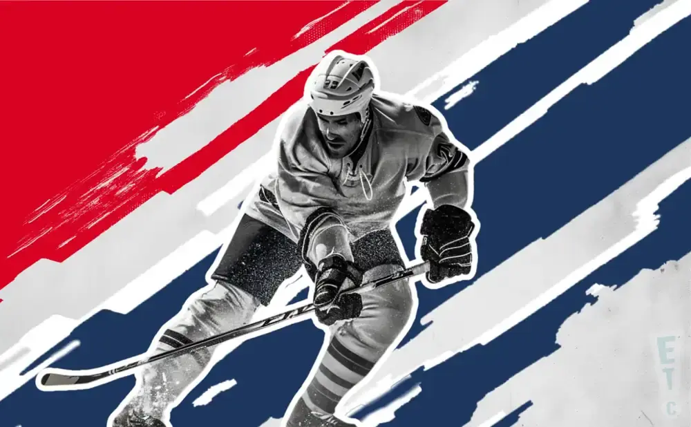 A black and white image of a hockey player in action against a red, white, and blue striped background.