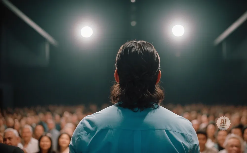 Man with mullet in blue shirt facing an audience under two bright stage lights.