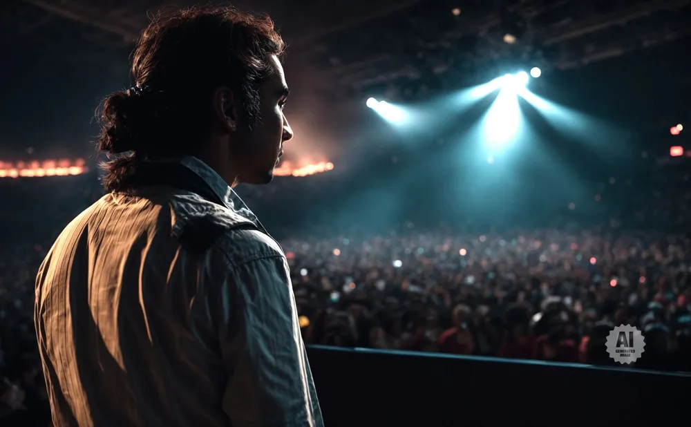 A man with his back to the camera watches a bright stage with a large audience.