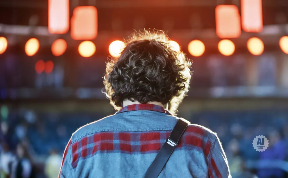A person with curly hair wears a red and blue plaid shirt on stage with bright lights behind them.