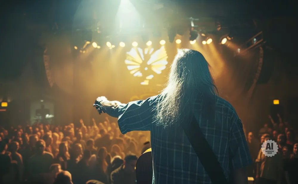 A long-haired musician in a plaid shirt plays guitar on stage for a cheering crowd, bathed in golden stage light.