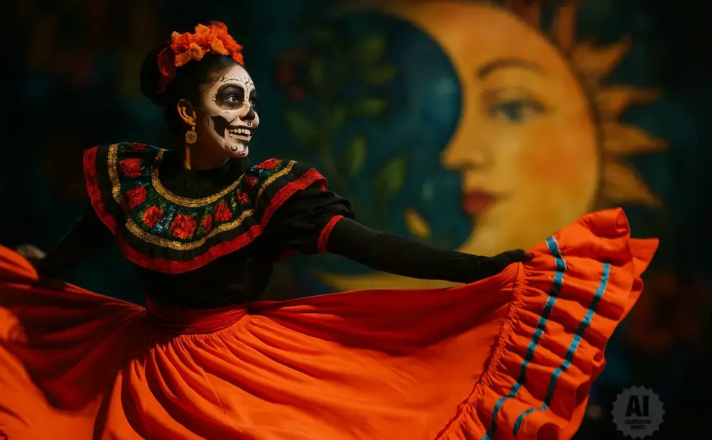 Woman in a vibrant orange dress and skull face paint dances in front of a sun and moon mural.