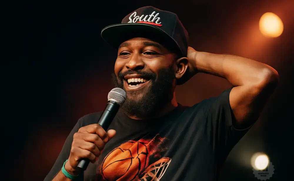 A Black man in a cap and t-shirt laughs while holding a microphone, with his hand behind his head.