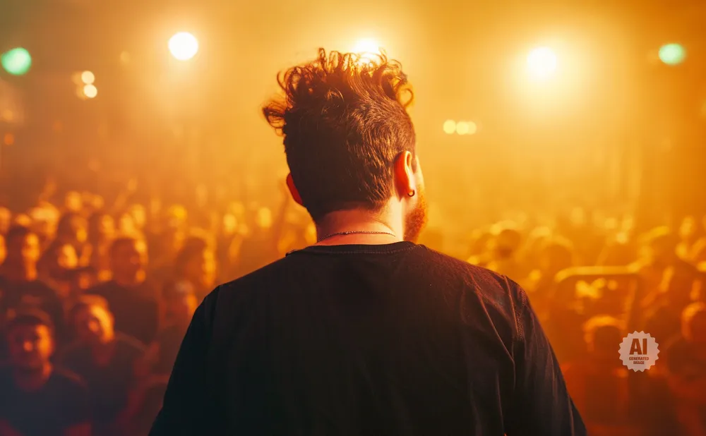 Back view of a man with a mohawk facing a blurry, lit-up crowd at a concert.