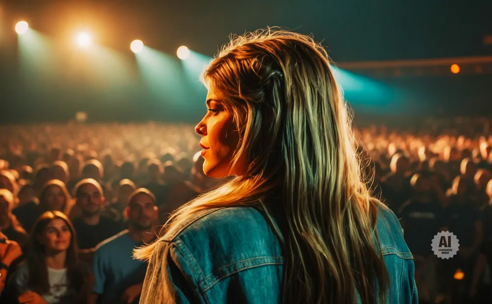 Woman on stage in a denim jacket, facing a blurred audience under stage lights.
