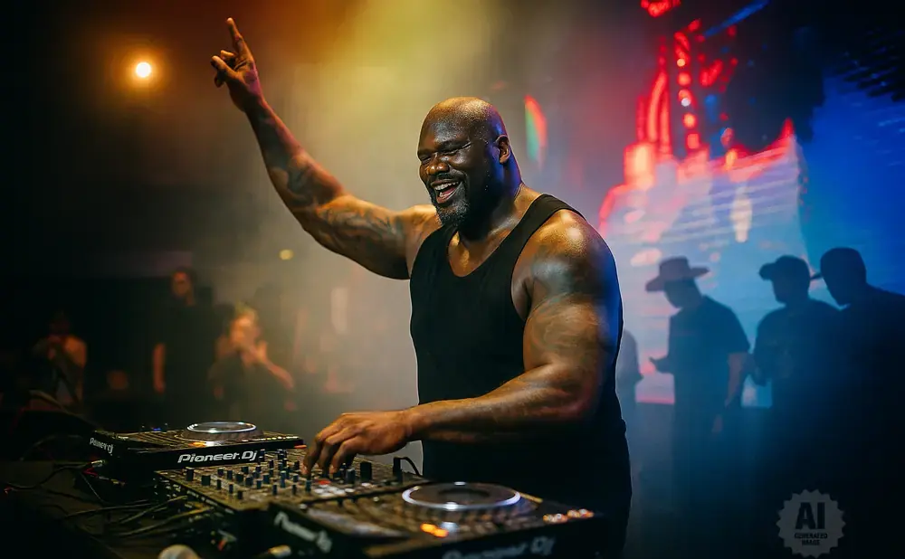 Shaquille O'Neal, as DJ Diesel, pumps his fist in the air while DJing at a concert.