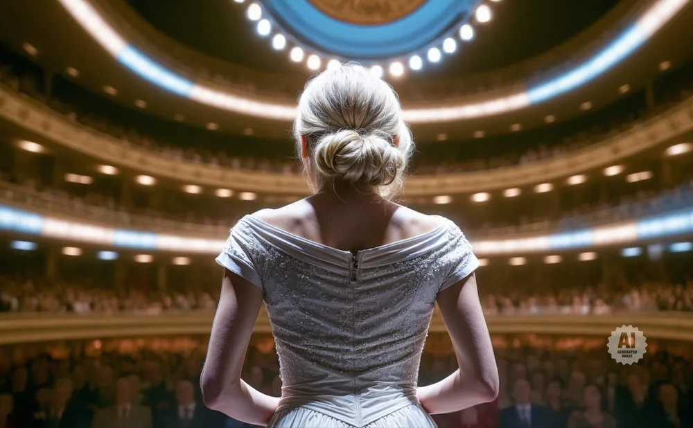 Woman in a white dress on stage facing an audience in a theater.