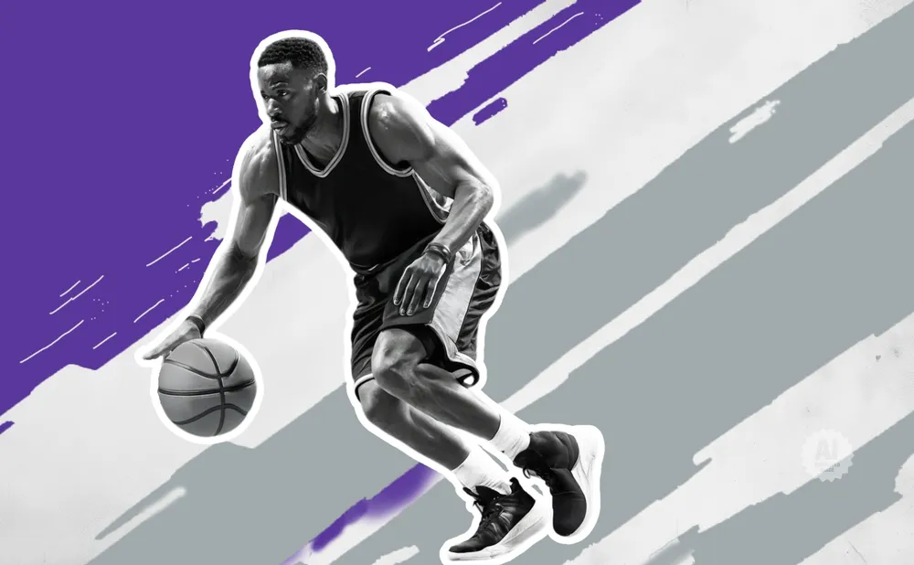A basketball player dribbles the ball with a purple and grey abstract background.