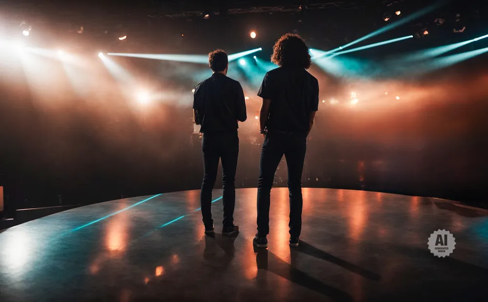 Two men stand on a stage under dramatic spotlights, facing away from the camera.