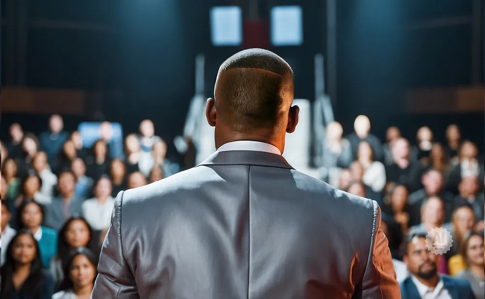 A man in a suit faces away from the camera, addressing a seated audience.