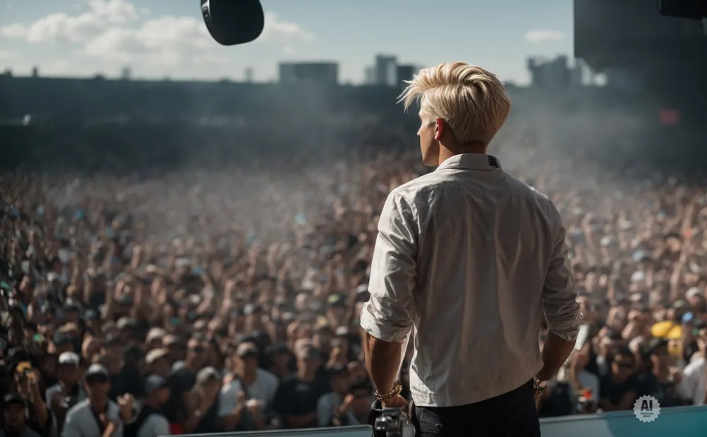 A blond man in a white shirt stands on stage facing a large, cheering crowd at an outdoor concert.