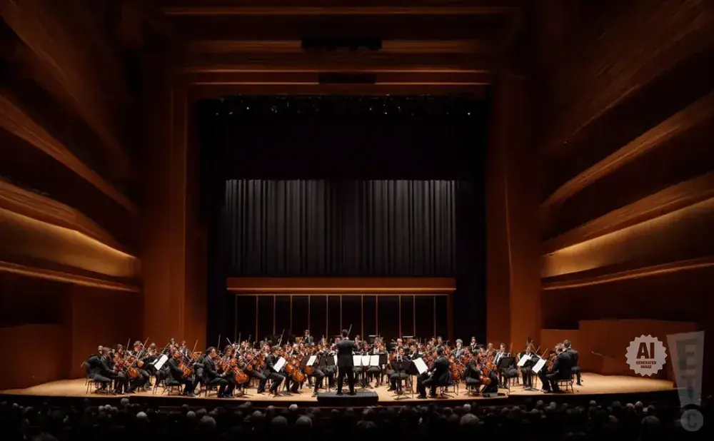 An orchestra performs on a stage in a concert hall with warm wooden accents.