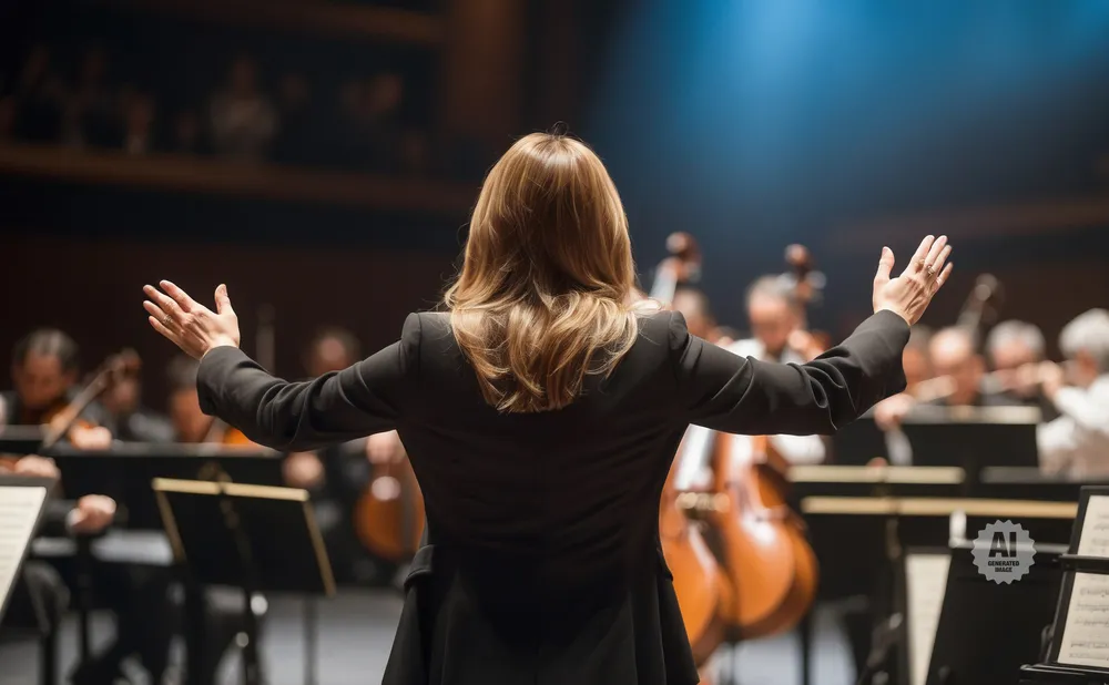 Conductor with arms outstretched leading an orchestra.