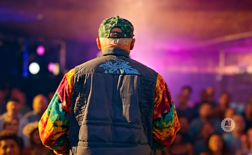 Man in a tie-dye shirt and vest with a baseball cap, facing away from the camera at a concert with purple lighting.