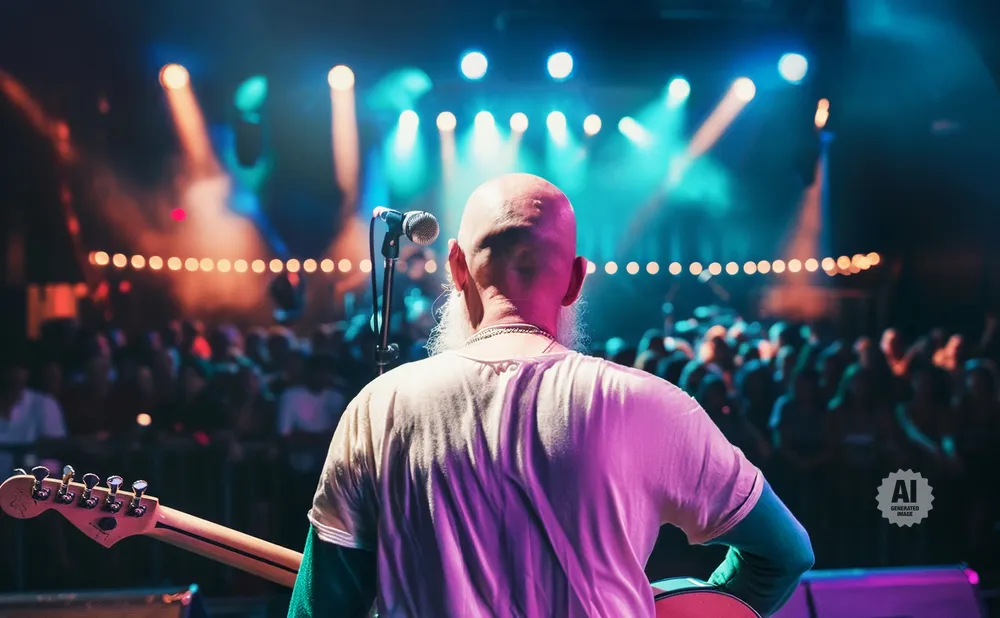 A bald musician with a long white beard, seen from behind, performs on stage with a guitar in front of a blurred audience.