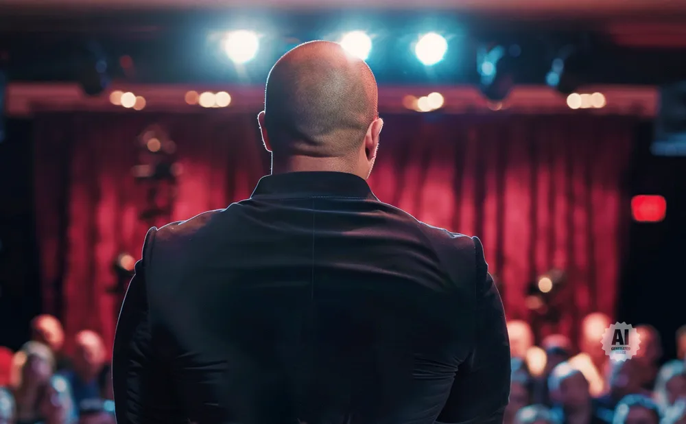 Man in a black suit facing a red curtain and bright stage lights with an audience in the foreground.