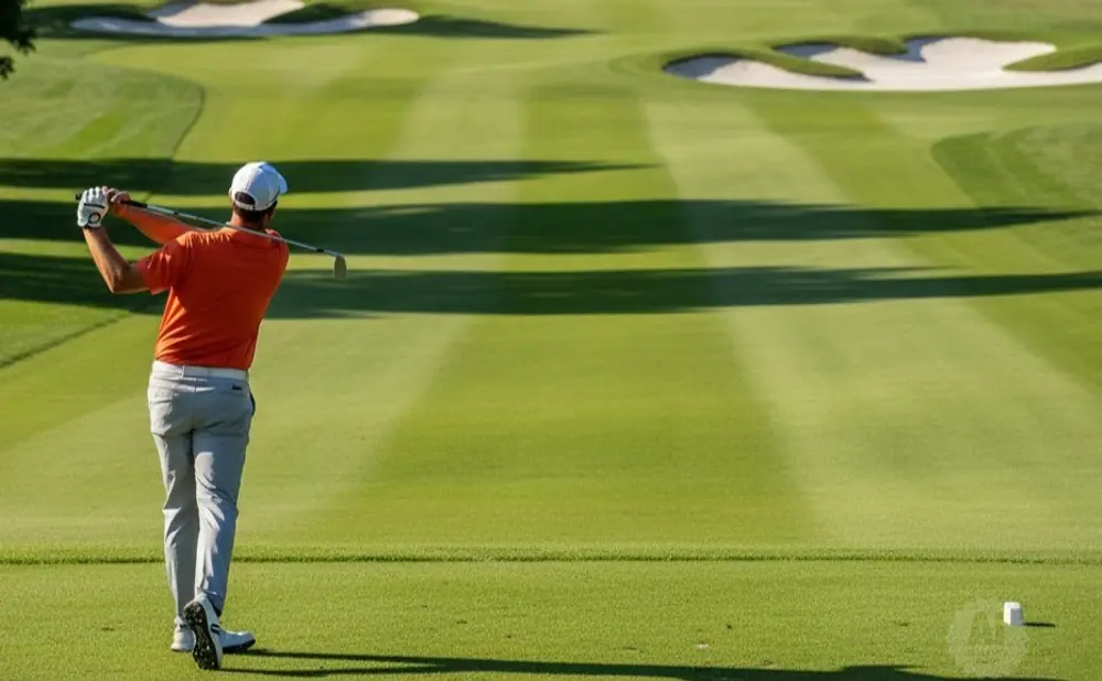 A golfer in an orange shirt swings at a golf ball on a sunny day.