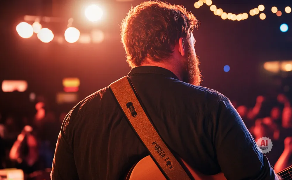 Back view of a man with a beard playing guitar on stage with warm lighting and a blurred audience.