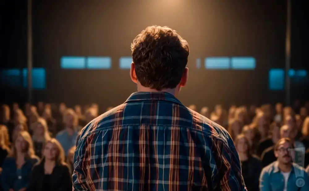Man in plaid shirt facing away from camera, speaking to a seated audience in a dimly lit room.