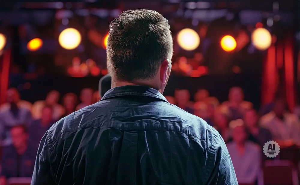 Man's back facing audience at a dimly lit venue with stage lights.