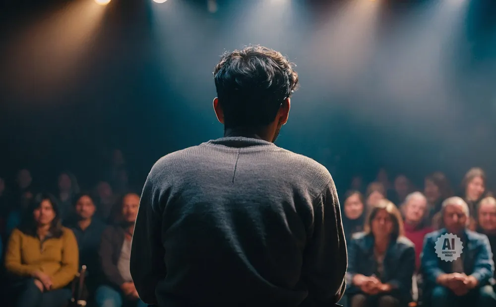A speaker addresses a seated audience in a dimly lit venue with spotlights.