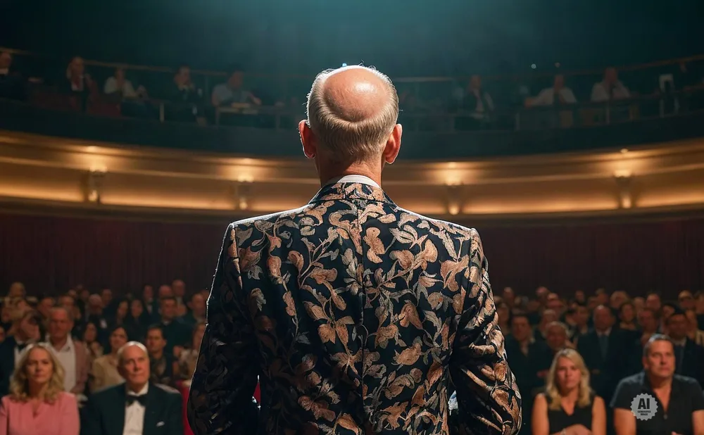 Man in patterned suit stands on stage facing a seated audience in a theater.