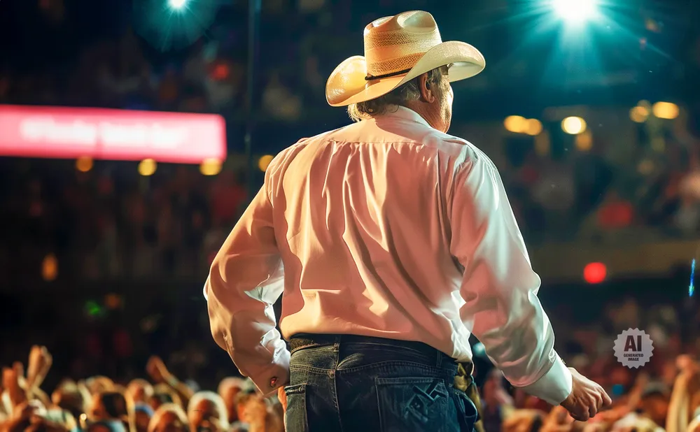 A man in a cowboy hat and white shirt on stage, facing away from the camera.
