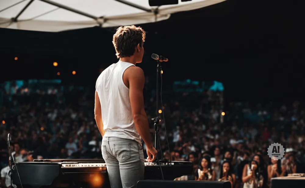 A singer on stage plays a piano in front of a large audience.