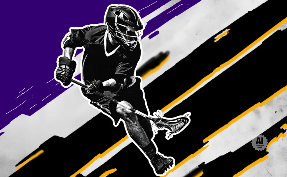 Lacrosse player in action with bold graphic design elements.