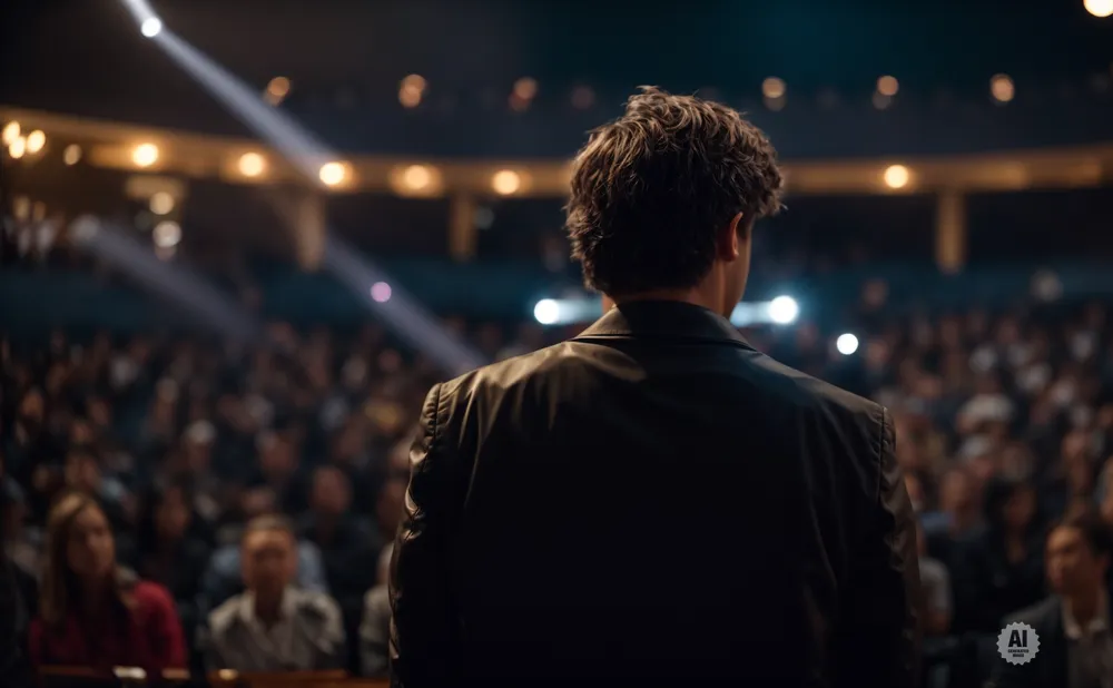 Man in a suit on a stage facing an audience with spotlights overhead.
