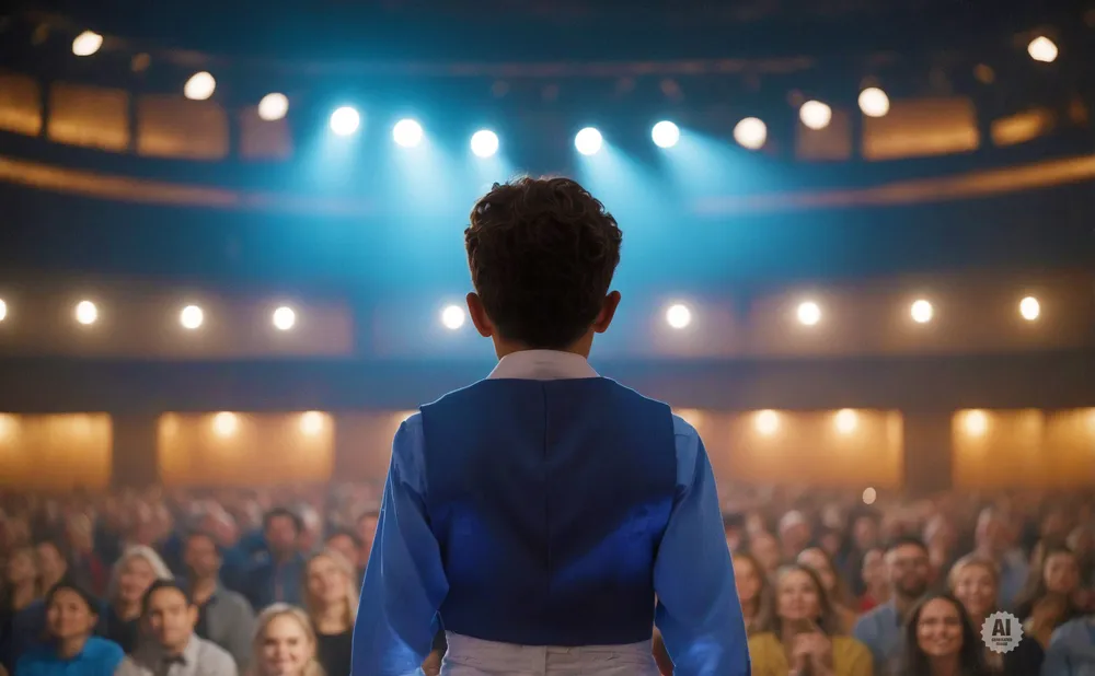 A young boy in a blue vest stands on stage facing a large audience in a theater.