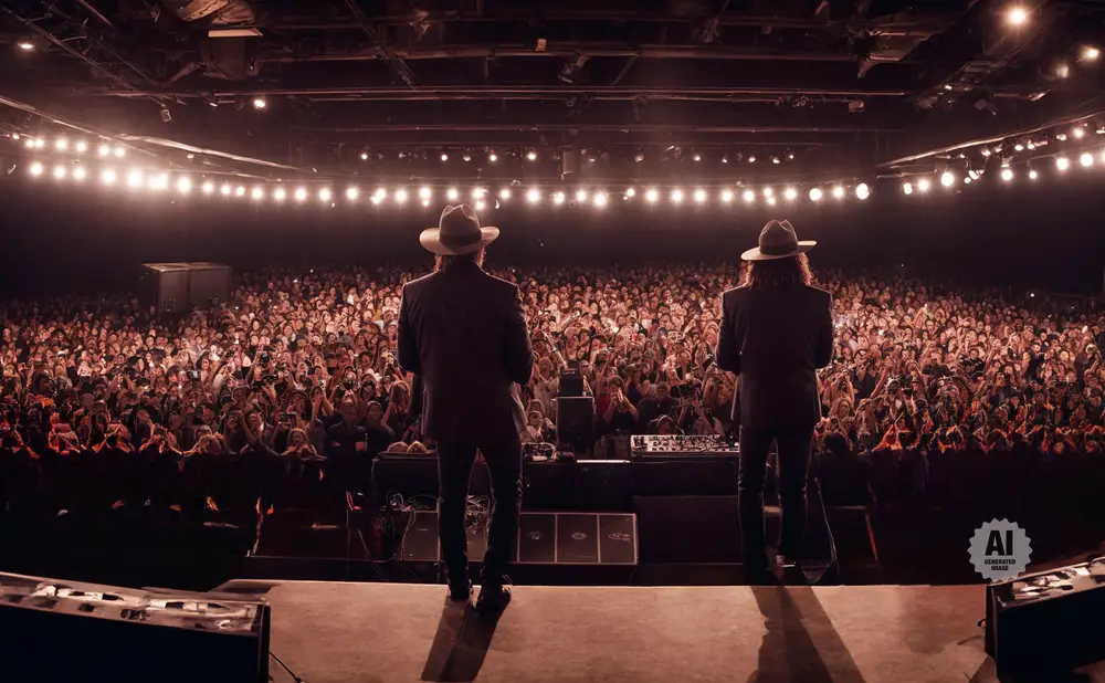 Two performers in hats stand on stage before a large, excited audience.
