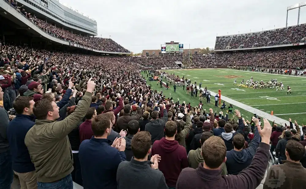 A crowded football stadium with fans in maroon and gold cheering on their team.