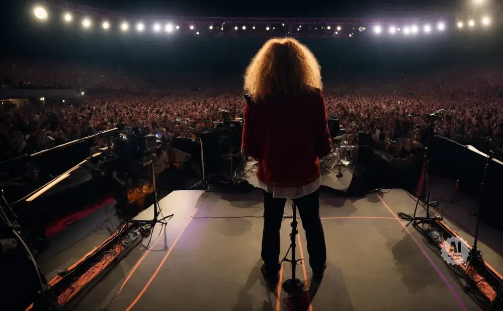 A performer with a large afro stands on a stage facing a cheering crowd at a concert.
