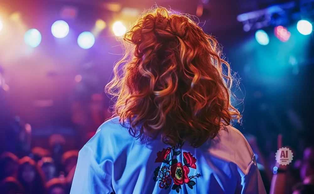 Close-up back view of a person with curly red hair on stage, facing a crowd under stage lights.