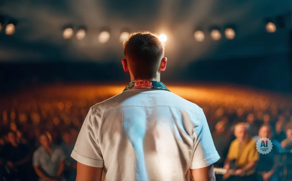 Man in a white shirt with a floral collar stands on a stage facing a blurred audience, illuminated by spotlights.