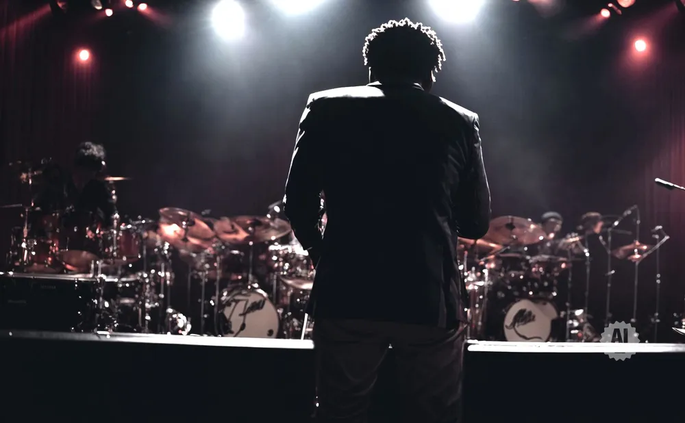 Silhouette of a man in a suit facing a drum set on stage, illuminated by spotlights.