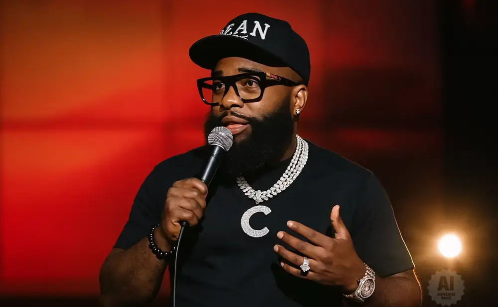 A Black man with a beard, wearing a black hat, glasses, and jewelry, speaks into a microphone.