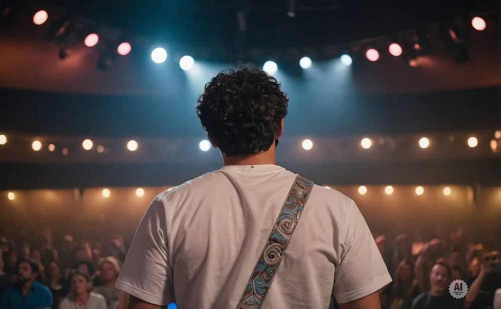 Musician with curly hair on stage with audience and bright lights.