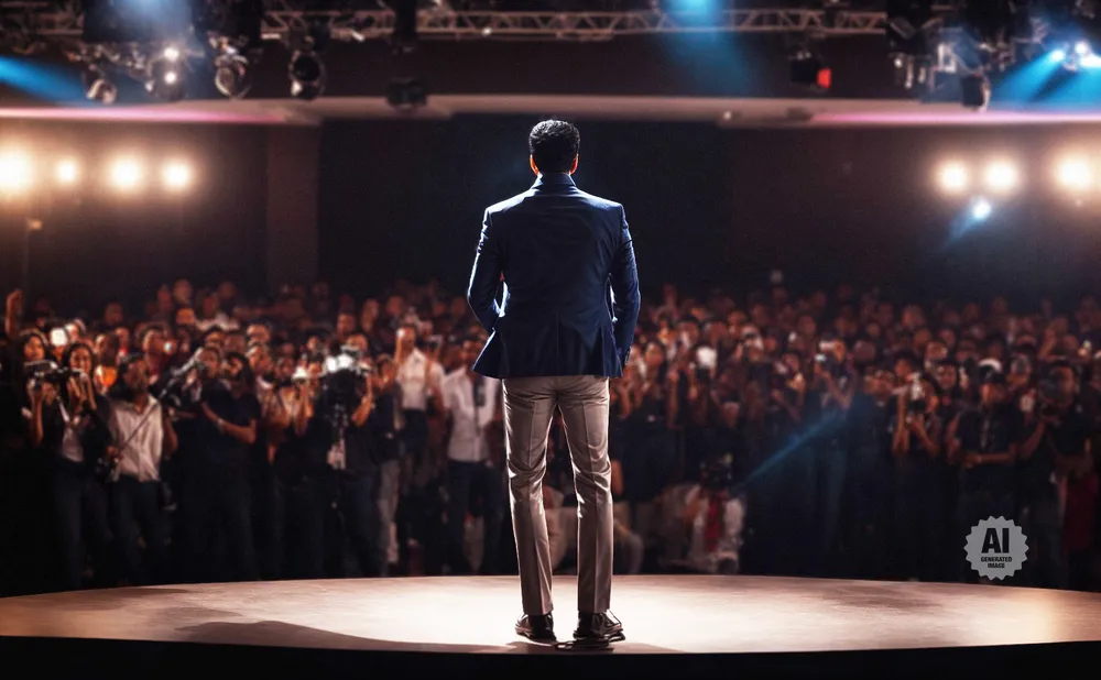 Man in a blue suit on stage facing a crowd of people holding cameras and phones.