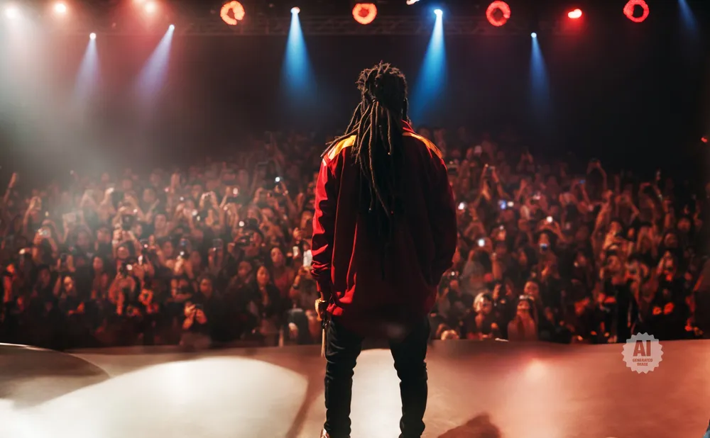Performer on stage facing a cheering crowd, illuminated by stage lights.