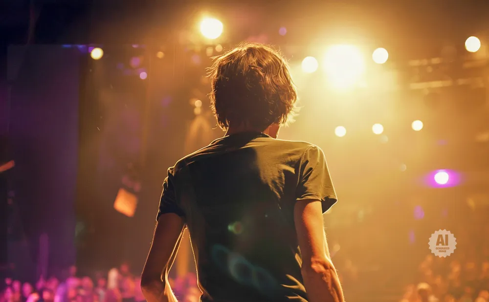 A person in a dark t-shirt stands on a stage, facing away from the camera towards bright spotlights and a crowd.