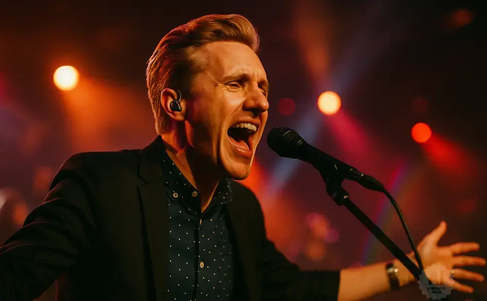 Man singing into a microphone on stage, with red and orange stage lights.