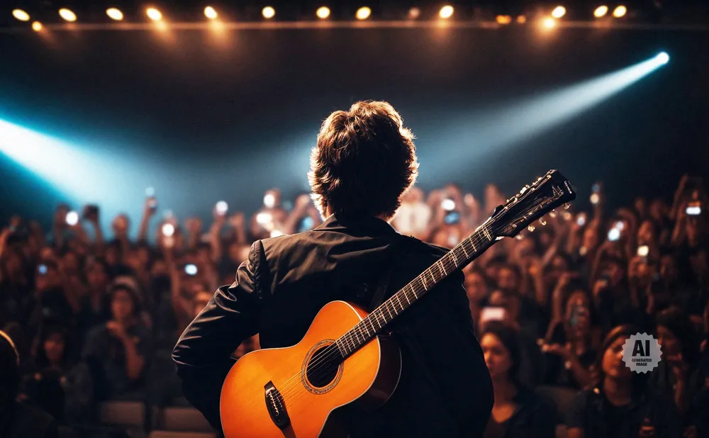 Guitarist playing on stage with audience holding up phones, stage lights illuminate the scene.