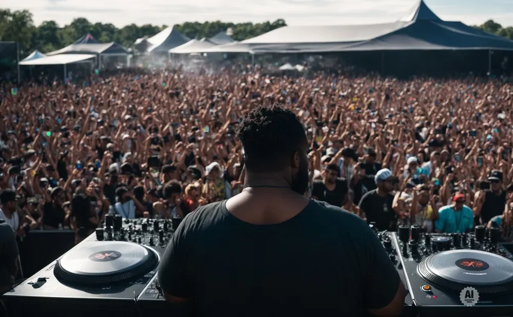 DJ at a lively outdoor music festival, with a large crowd cheering and hands in the air.