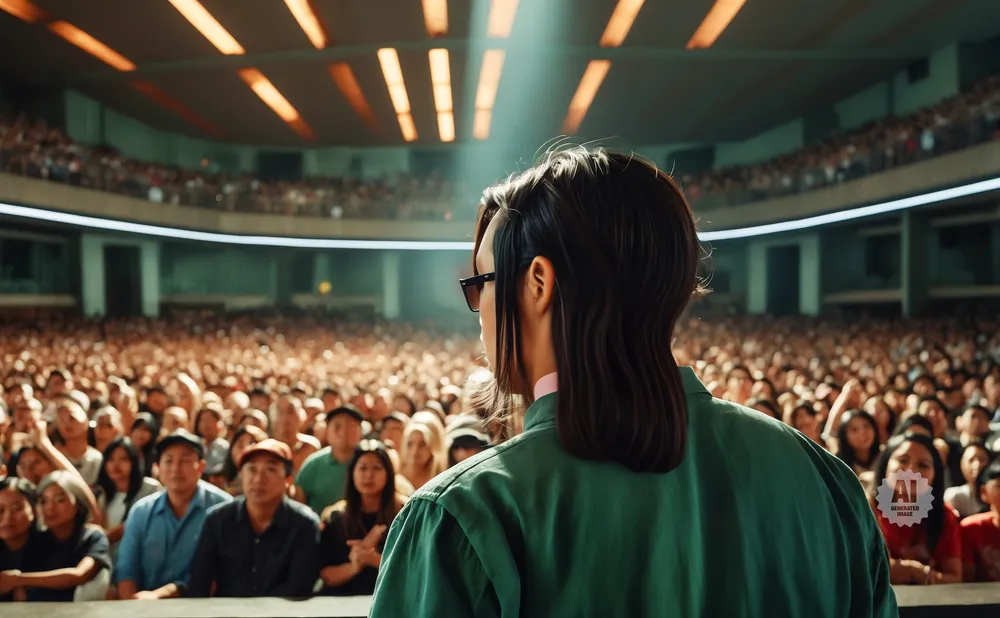 A person in a green shirt faces a large audience in a theater, with spotlights shining from the ceiling.