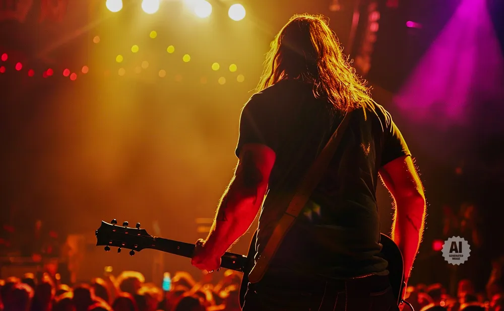 Guitarist with long hair on stage, silhouetted against bright lights, playing to a cheering crowd.